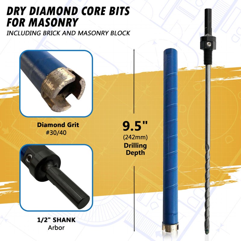 EDiamondTools 1" Dry Diamond Core Drill Bits for Brick and Block with 1/2" Shank Pilot Bit Adapter, 9.5" Drilling Depth, 5/8"-11 Arbor - Image 2